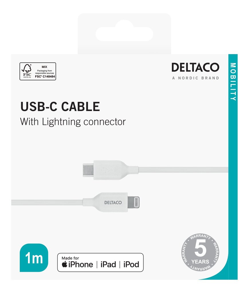 Deltaco IPLH-451, USB-C/Lightning, 1 m hinta ja tiedot | Puhelinkaapelit | hobbyhall.fi