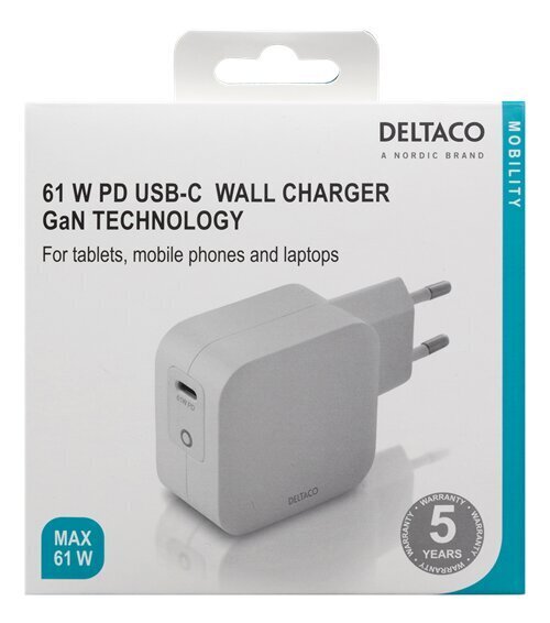 Deltaco USB-C GaN -tekniikka, 1x USB-C PD, 61 W hinta ja tiedot | Puhelimen laturit | hobbyhall.fi