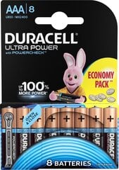 Paristot DURACELL ULTRA AAA, LR6, 8 kpl hinta ja tiedot | Paristot | hobbyhall.fi