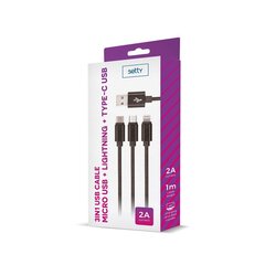 Setty 3in1 cable USB - Lightning + USB-C + microUSB 1,0 m 2A musta nailon hinta ja tiedot | Puhelinkaapelit | hobbyhall.fi