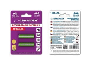 Ladattavat akut Esperanza EZA101G Ni-MH AAA 1000MAH 2 kpl hinta ja tiedot | Paristot | hobbyhall.fi