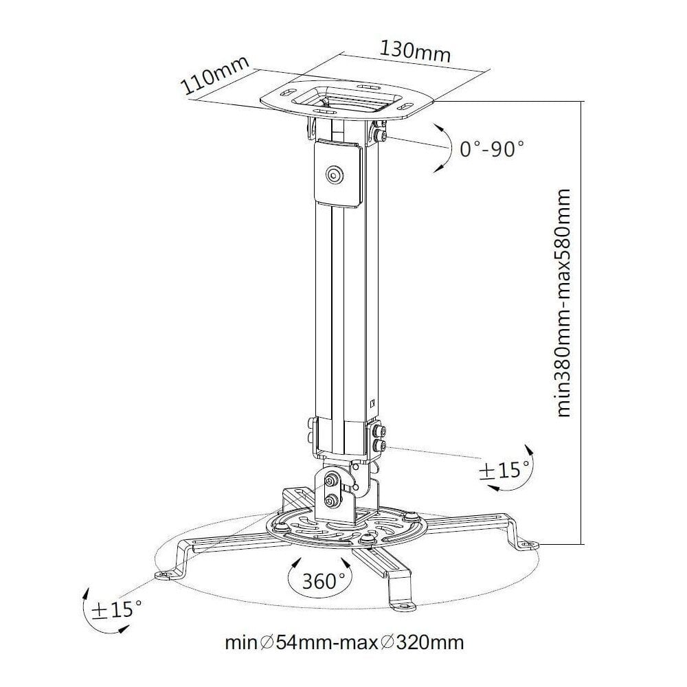 Techly projektorin yläpuolinen pidike, säädettävä 38-58cm, 13,5kg asti, valkoinen. hinta ja tiedot | TV-seinätelineet | hobbyhall.fi