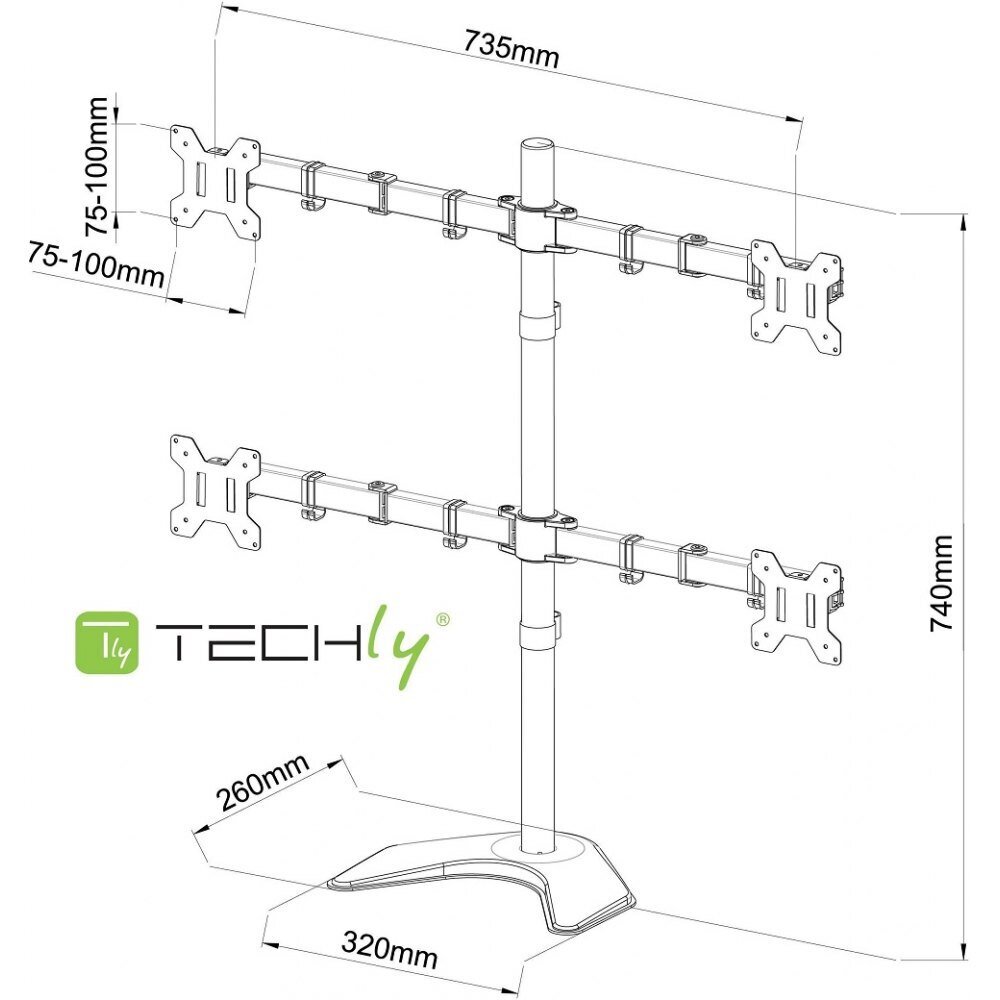 Pöytäkiinnike 4 näytölle Techly 13-27", jopa 40kg, musta, säädettävä hinta ja tiedot | TV-seinätelineet | hobbyhall.fi