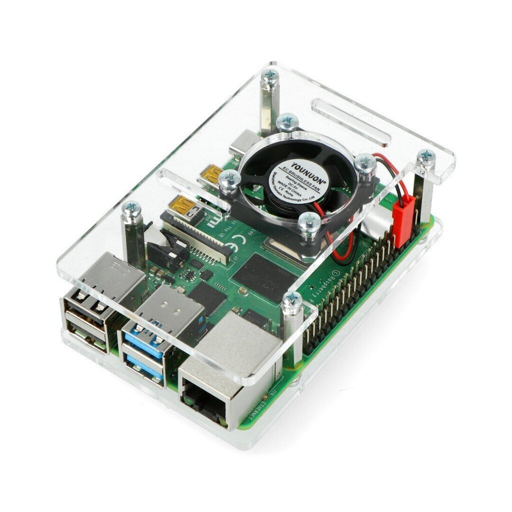 Raspberry Pi 4B/3B+/3B/2B kotelo, avattava, tuulettimella - läpinäkyvä - läpinäkyvä hinta ja tiedot | Mikrokontrollerit | hobbyhall.fi