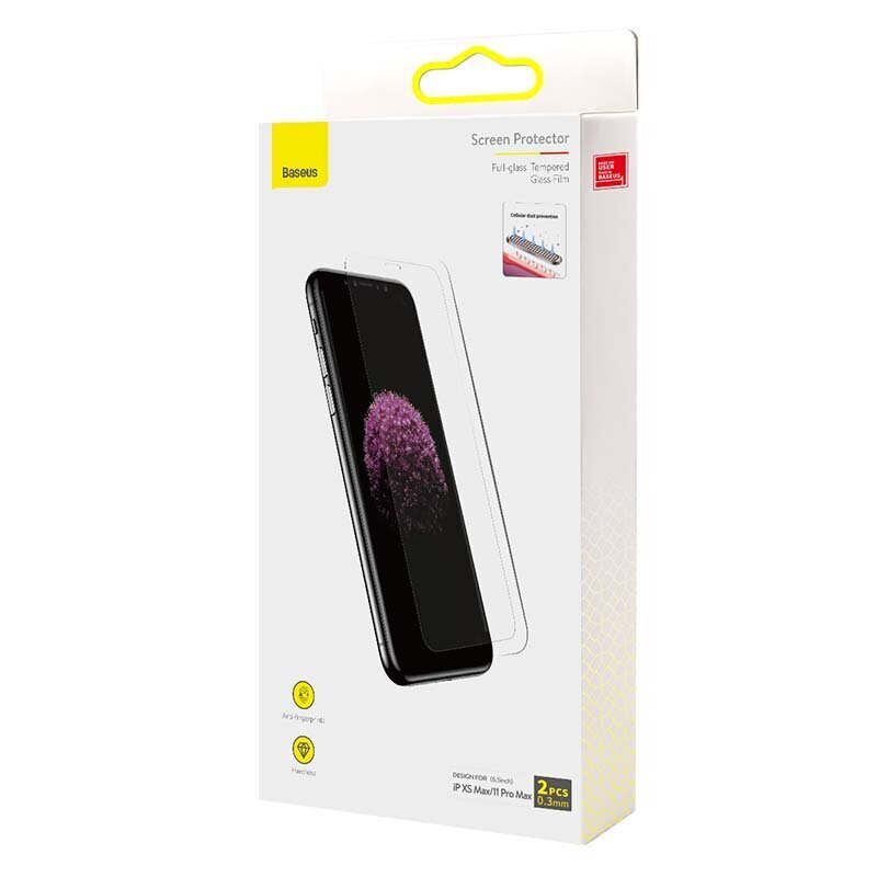 Baseus 0.3 mm Full-glass Tempered Glass Film -näytönsuoja (2 kpl pakkaus), yhteensopivuus iPhone XS Max / 11 Pro Max 6.5inch hinta ja tiedot | Näytönsuojakalvot ja -lasit | hobbyhall.fi