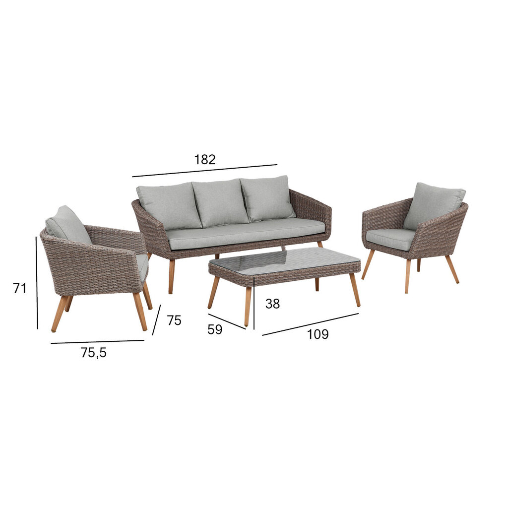 Puutarhakalustesarja NORJA sohva 182x79xH71cm, 2 tuolia 75x75,5xH71cm, sohvapöytä 109x59xH38cm, alumiini, muovitanko. hinta ja tiedot | Puutarhakalusteet | hobbyhall.fi