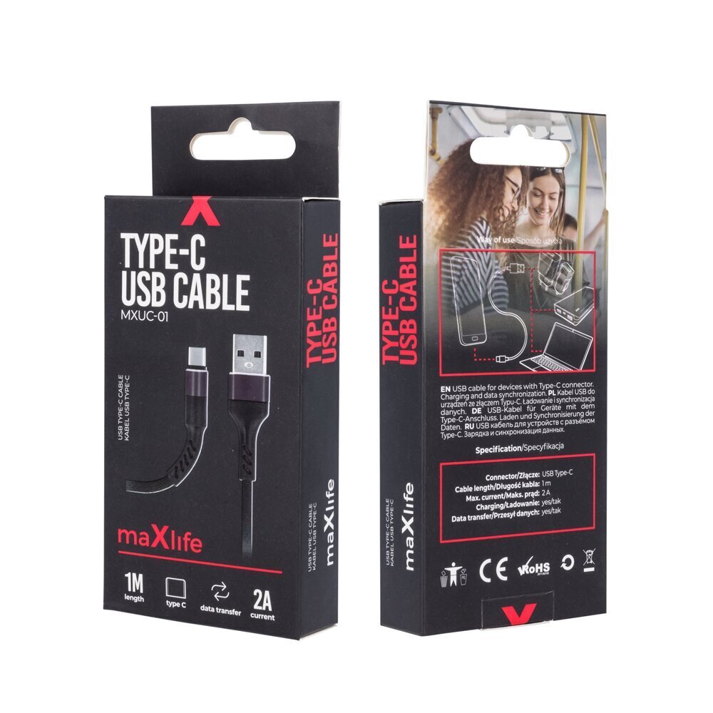 Maxlife MXUC-01 kaapeli USB - USB-C 1.0 m 2A musta nylon musta hinta ja tiedot | Puhelinkaapelit | hobbyhall.fi