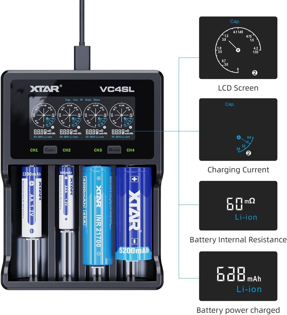 Laturi XTAR VC4SL Li-Ion NiMH 18650 21700 AA AAA USB-C hinta ja tiedot | Paristolaturit | hobbyhall.fi