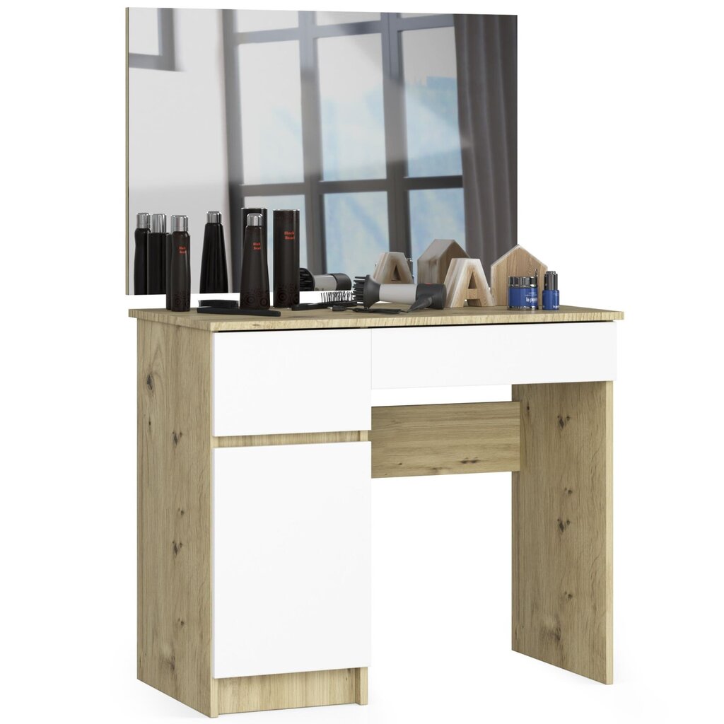 Pukeutumispöytä peilillä 90x60 cm, Artisan tammi/valkoinen hinta ja tiedot | Peilipöydät | hobbyhall.fi