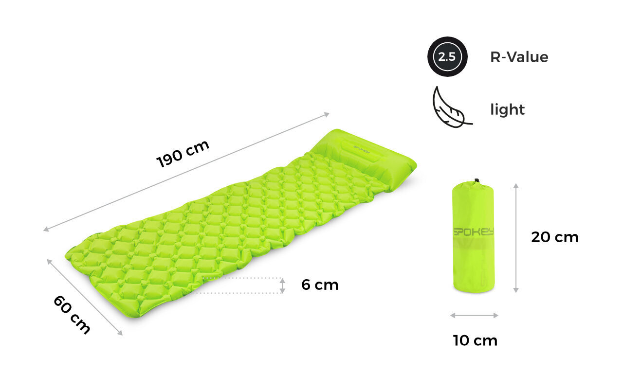 Ilmatäytteinen matto Spokey Air Bed, yhden hengen, 190x60 cm, vihreä hinta ja tiedot | Retkeilyalustat, piknikhuovat | hobbyhall.fi