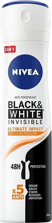 Spray-deodorantti Nivea Black & White Invisible Ultimate Impact 5in1150 ml hinta ja tiedot | Deodorantit | hobbyhall.fi