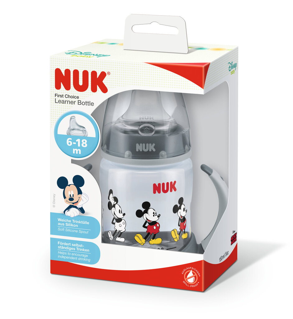 Vuotamaton pullo silikonitutti ja kahvat NUK First Choice Mickey Mouse First Choice, 6 18 kuukautta lapsille, harmaa, 150 ml hinta ja tiedot | Tuttipullot ja tarvikkeet | hobbyhall.fi