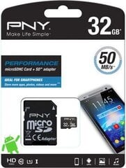 PNY SDU32GPER50-EF, micro SDHC 32GB (+ SD-sovitin) hinta ja tiedot | Puhelimen muistikortit | hobbyhall.fi