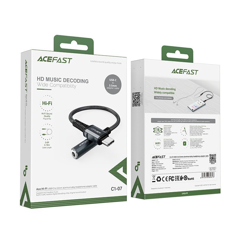 Acefast C-tyypin USB-audiokaapeli - 3,5 mm:n miniliitin (naaras) 18cm, AUX harmaa (C1-07 syvä avaruus harmaa) hinta ja tiedot | Puhelinkaapelit | hobbyhall.fi