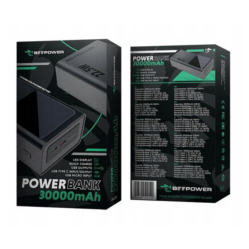 BeePower BP-30PD 30000mAh Mega Power Bank PD 22,5W laturi 2x USB 1x USB-C / USB-C Micro musta hinta ja tiedot | Varavirtalähteet | hobbyhall.fi