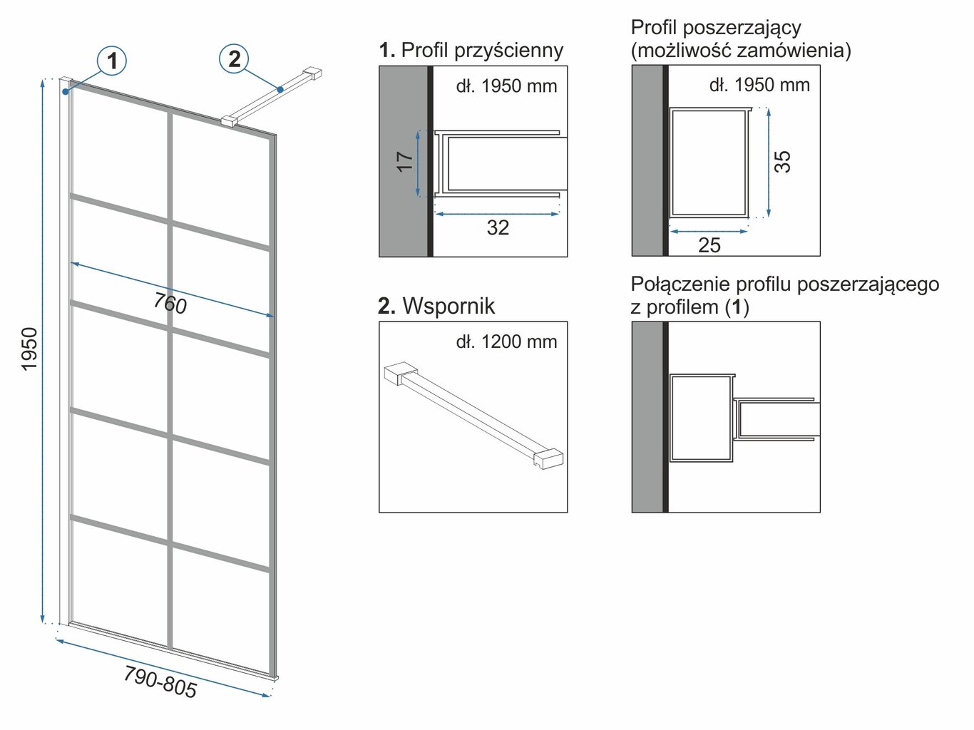 Rea Bler I, Black Mat suihkuseinä 70, 80, 90, 100, 110, 120 cm x 195 cm hinta ja tiedot | Suihkuseinät ja -ovet | hobbyhall.fi