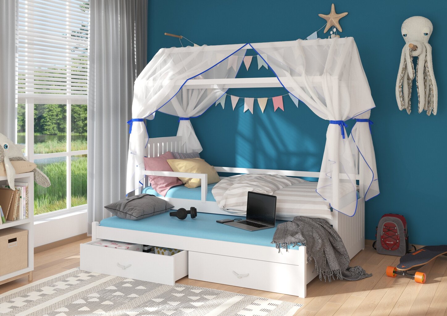 Sänky ADRK Furniture Jonasek sivuosalla 80x180cm, valkoinen sinisellä katoksella. hinta ja tiedot | Lastensängyt | hobbyhall.fi
