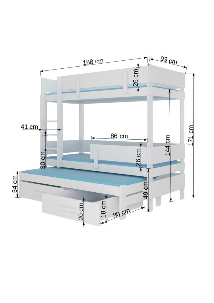 Kerrossänky ADRK Furniture Etiona 80x180 cm, valkoinen hinta ja tiedot | Lastensängyt | hobbyhall.fi