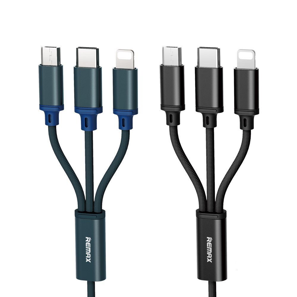 Remax RC-131th 3in1 microUSB-Lightning-Type-C 2.8A USB-kaapeli, sininen 1.15 metriä hinta ja tiedot | Puhelinkaapelit | hobbyhall.fi