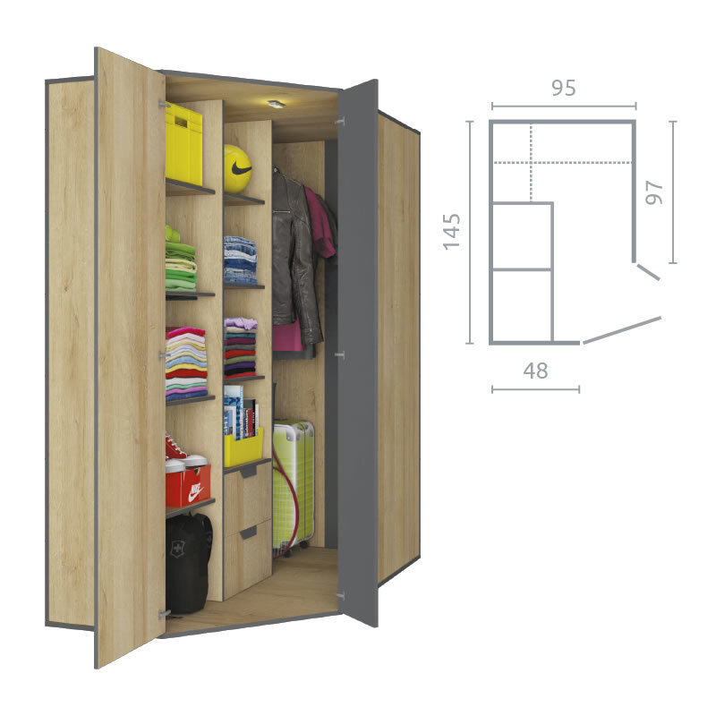 Nano 01 -kulmakaappi, 145 x 195 x 95 cm, harmaa / tammi hinta ja tiedot | Kaapit | hobbyhall.fi