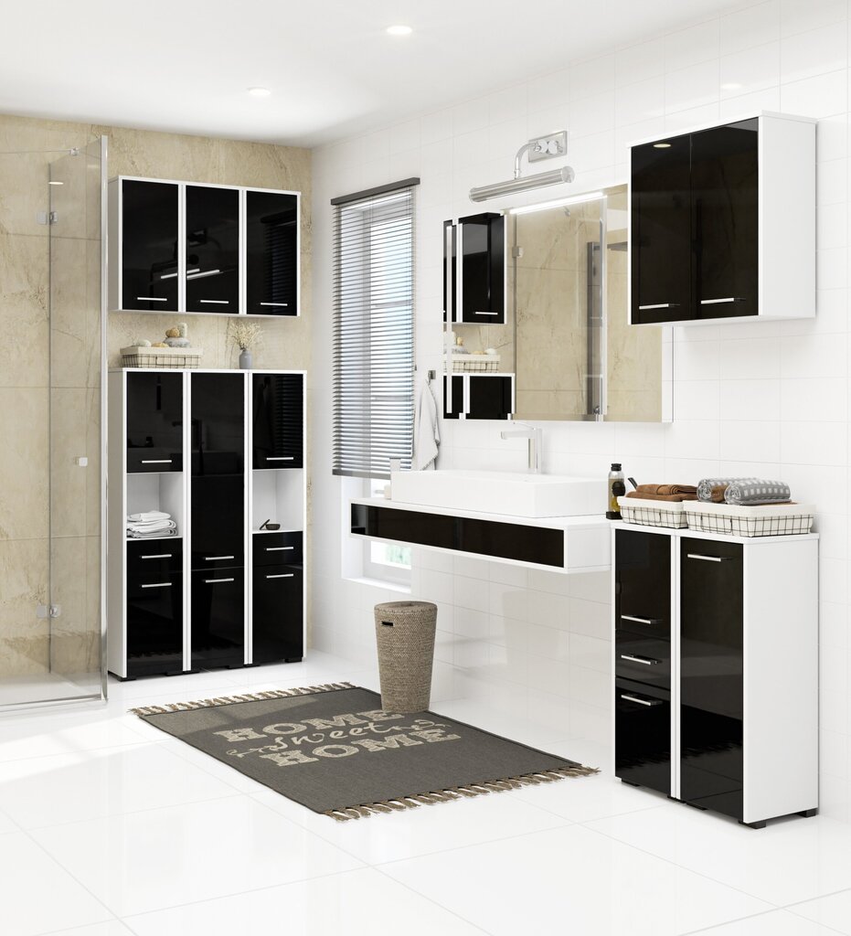 NORE Fin -kylpyhuonekaappi, 2 ovea, 140 x 30 x 30 cm, valkoinen / musta hinta ja tiedot | Kylpyhuonekaapit | hobbyhall.fi