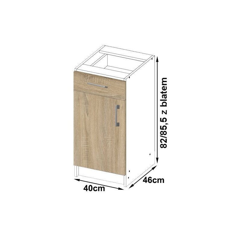 NORE Lima S40 -alakaappi keittiöön, 82 x 40 x 44,5 cm, valkoinen / sonoma tammi hinta ja tiedot | Keittiön kaapit | hobbyhall.fi