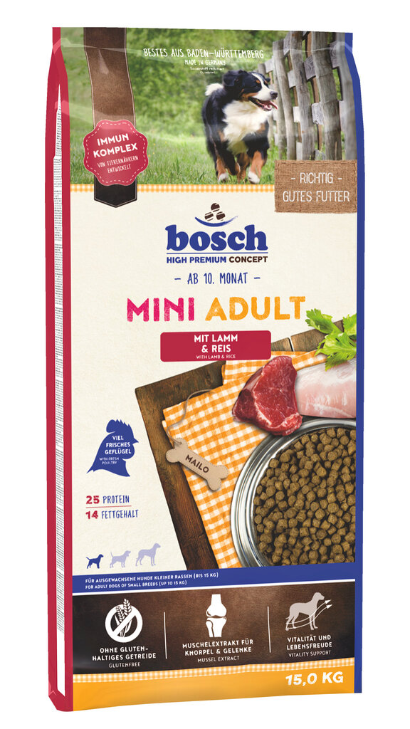 Bosch Mini Adult Lamb & Rice koiranruokaa lampaalla ja riisillä, 15 kg hinta ja tiedot | Koiran kuivaruoka | hobbyhall.fi