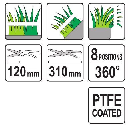 360° nurmikkosakset, teflon 8-asento 120x310mm Yato (YT-8852) hinta ja tiedot | Puutarhatyökalut | hobbyhall.fi