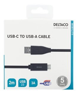 Deltaco USBC-1006M, USB-C, USB-A, 2m hinta ja tiedot | Kaapelit ja adapterit | hobbyhall.fi