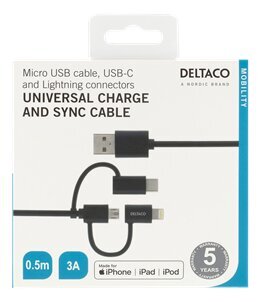 Deltaco IPLH-154, mikro-USB, USB C, Lightning, 0.5m hinta ja tiedot | Puhelinkaapelit | hobbyhall.fi