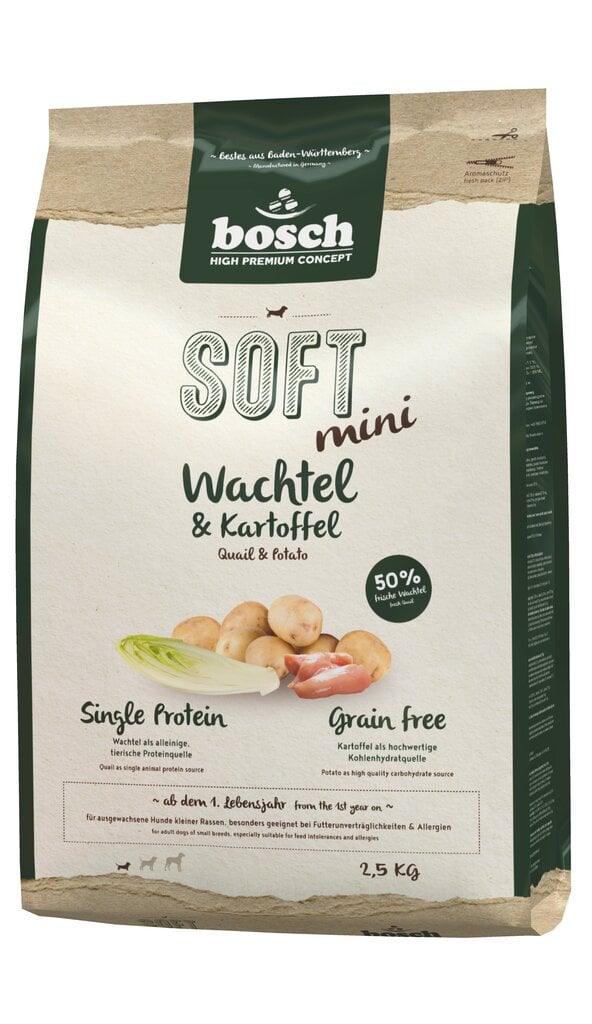 Täysravinto koiralle Bosch Pet Food Plus SOFT MINI Quail & Peruna 2,5kg hinta ja tiedot | Koiran kuivaruoka | hobbyhall.fi