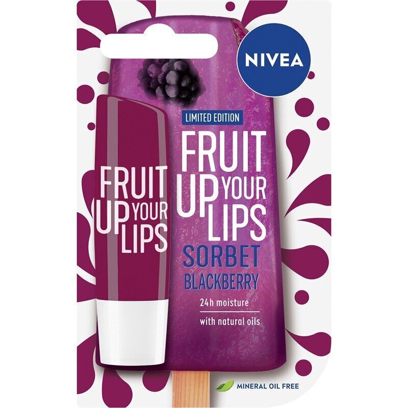 Huulirasva Nivea Fruit Up Your Lips Sorbet Blackberry 5.5 ml hinta ja tiedot | Huulipunat, huulikiillot ja huulirasvat | hobbyhall.fi