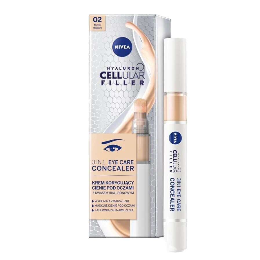 Nivea Hyaluron Cellular Filler 3in1 Eye Care Concealer peitevoide, 02 Medium, 4ml hinta ja tiedot | Meikkivoiteet ja puuterit | hobbyhall.fi