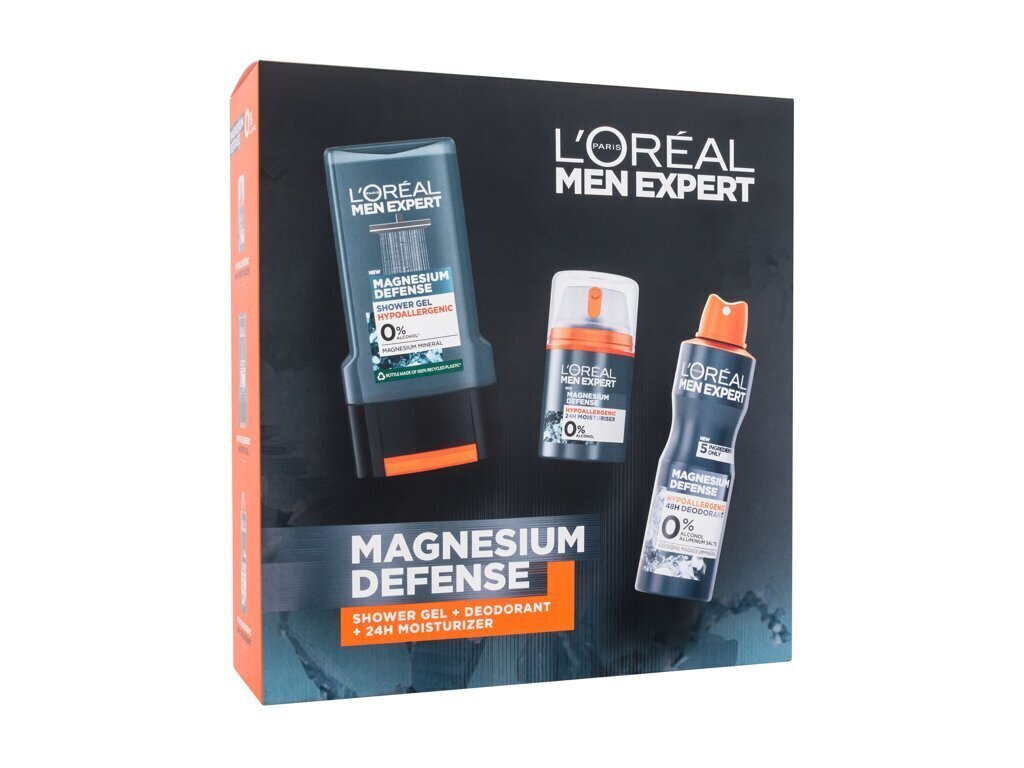 Kosmetiikkasetti miehille Loréal Paris Men Expert Magnesium Defense päivävoide 50 ml, deodorantti 150 ml, Magnesium Defense suihkugeeli 300 ml hinta ja tiedot | Kasvovoiteet | hobbyhall.fi