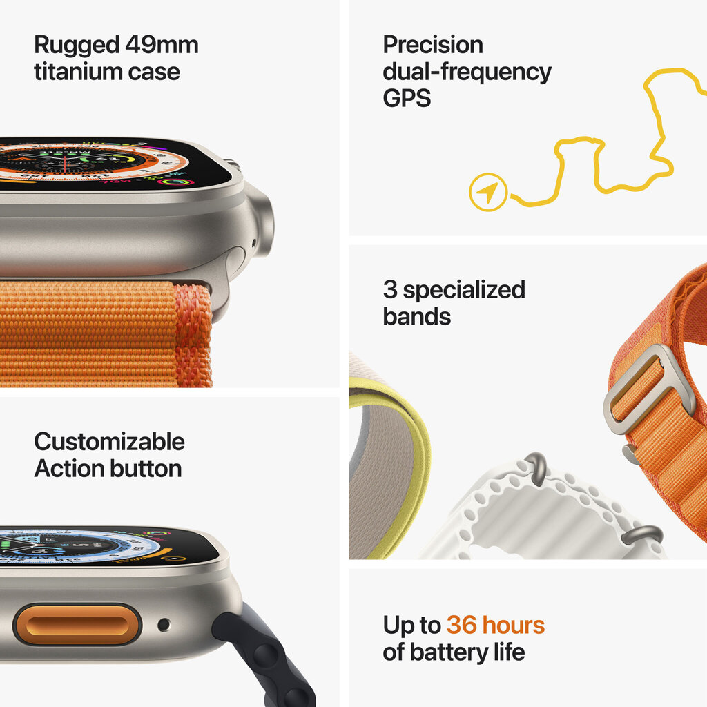 Apple Watch Ultra GPS + Cellular, 49mm titaanikuori ,Black/Gray Trail ranneke - S/M MQFW3 hinta ja tiedot | Älykellot | hobbyhall.fi