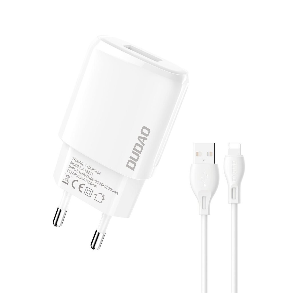 Dudao A1seul, USB-A 7.5W + USB-A kaapeli - Lightning 1m valkoinen hinta ja tiedot | Puhelimen laturit | hobbyhall.fi