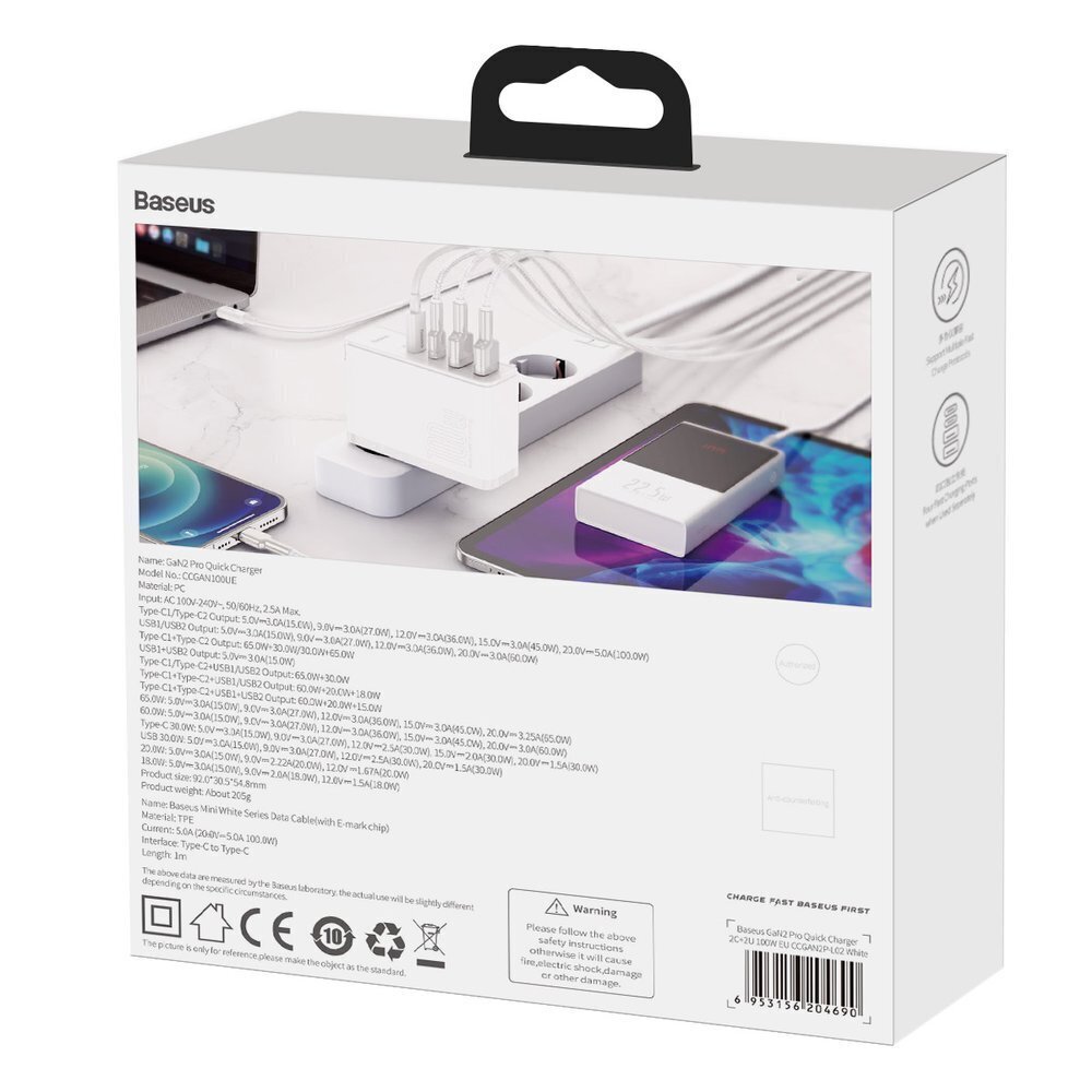 Baseus GaN2 Pro, 100 W USB / USB Type C Quick Charge 4+ Power Delivery valkoinen (CCGAN2P-L02) hinta ja tiedot | Puhelimen laturit | hobbyhall.fi