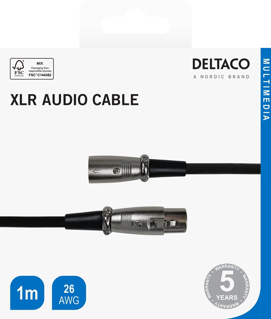 XLR-audiokaapeli Deltaco 3-nastainen uros - 3-nastainen naaras, 26 AWG, 1m, Musta/XLR-1010-K/00160001 hinta ja tiedot | Kaapelit ja adapterit | hobbyhall.fi