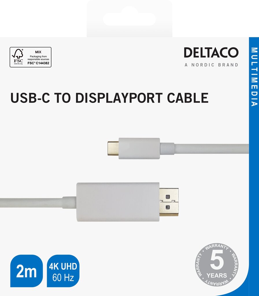 USB-C - DisplayPort kaapeli Deltaco 4K UHD, kullatut liittimet, 2m, valkoinen / USBC-DP201-K ​​​/ 00140016 hinta ja tiedot | Kaapelit ja adapterit | hobbyhall.fi