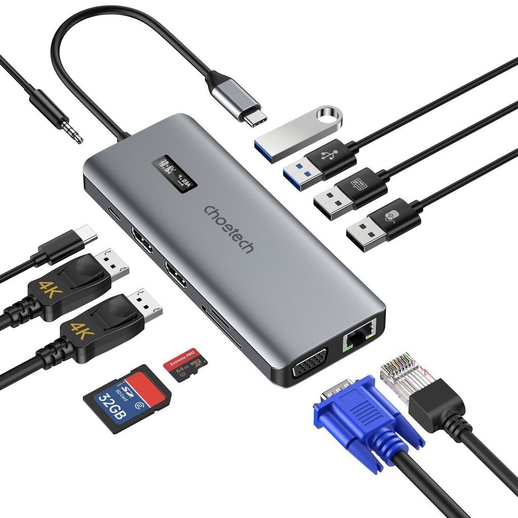 Choetech HUB-M26, USB-C - USB-C / USB-A / HDMI / VGA / AUX / SD / TF harmaa hinta ja tiedot | Adapterit | hobbyhall.fi