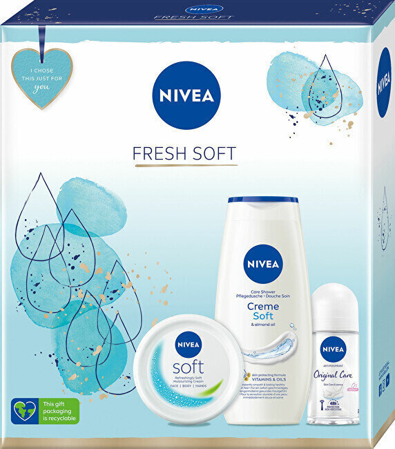 Lahjapakkaus kosmetiikkatuotteita Nivea Box Fresh Soft: suihkugeeli, 250 ml + antiperspirantti, 50 ml + voide, 100 ml. hinta ja tiedot | Suihkusaippuat ja suihkugeelit | hobbyhall.fi