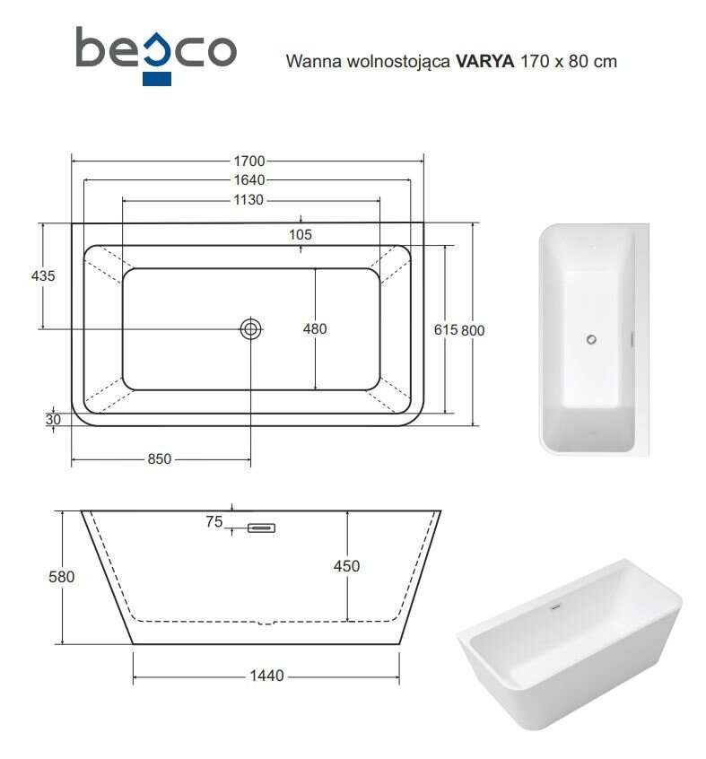 Besco Varya Glam 170 Grafiitti, valkoisella sifonipinnoitteella hinta ja tiedot | Kylpyammeet | hobbyhall.fi