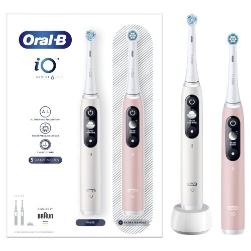 iOM6d.2I6.1 Oral-B iO6 Duo Pack sähköhammasharja White + Pink Sand Extra lisäkahva hinta ja tiedot | Sähköhammasharjat | hobbyhall.fi