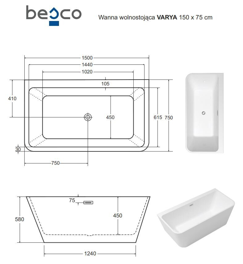 Bath Besco Varya Glam 150 Grafiitti, valkoinen sifoni hinta ja tiedot | Kylpyammeet | hobbyhall.fi