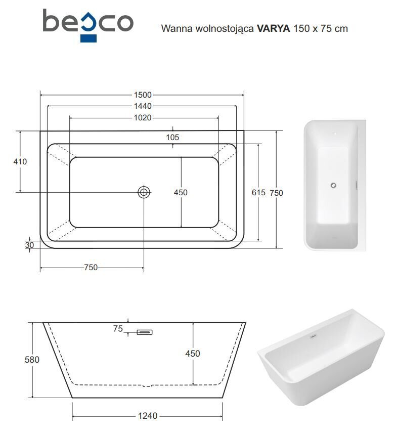 Kylpyamme Besco Varya Glam 150 Graphite, kultaisella sifonilla hinta ja tiedot | Kylpyammeet | hobbyhall.fi