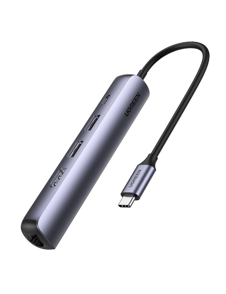 5-in-1-sovitin UGREEN CM418 USB-C - 2x USB 3.0, HDMI, RJ45, USB-C (harmaa) hinta ja tiedot | Adapterit | hobbyhall.fi