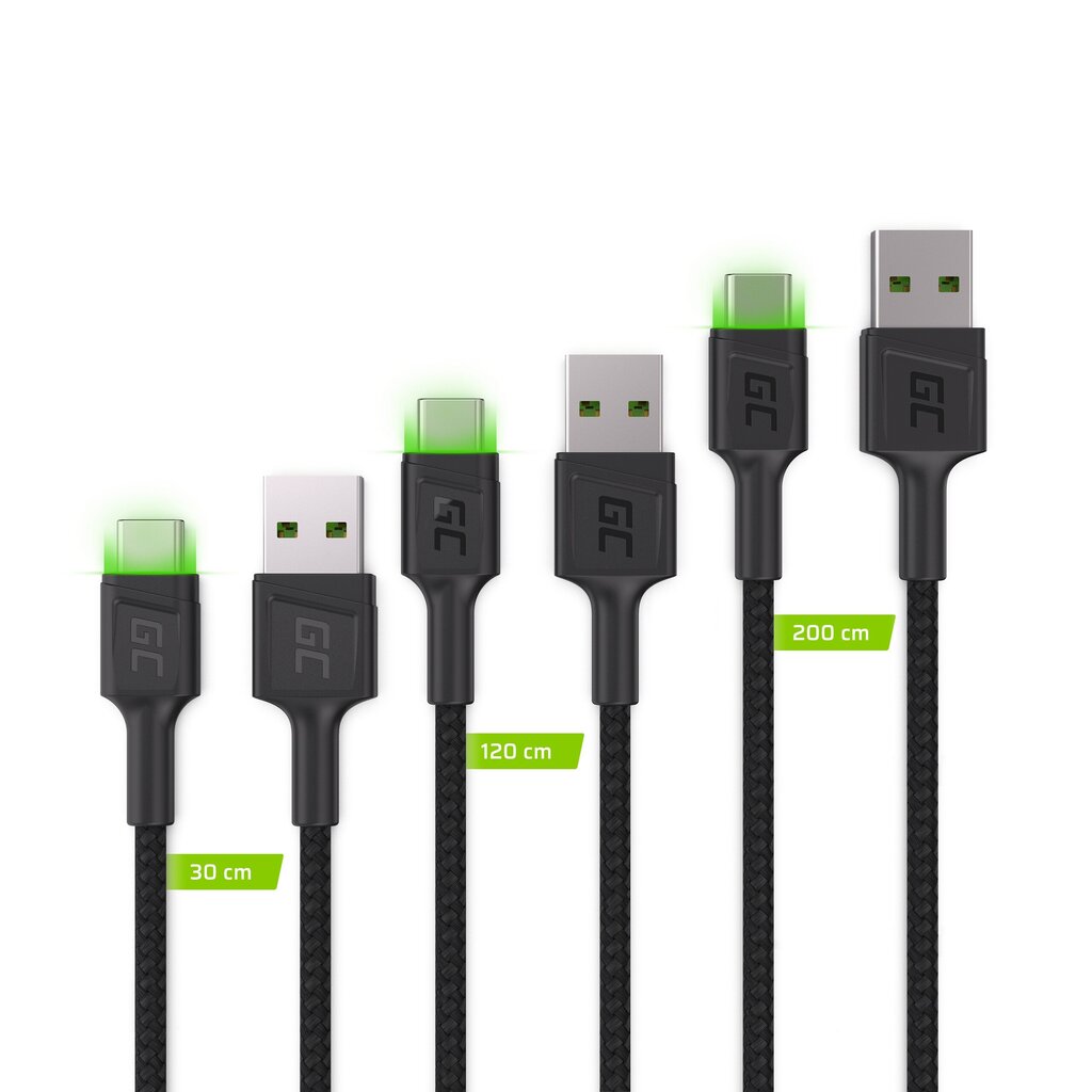 Green Cell USB-C -kaapelisarja 3x QC 3,0 0,3 m 1,2 m 2 m hinta ja tiedot | Puhelinkaapelit | hobbyhall.fi