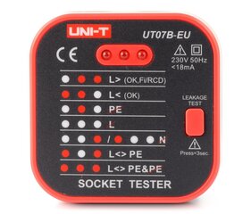 Pistorasian testauslaite 230V RCD, UNI-T UT07B-EU hinta ja tiedot | Käsityökalut | hobbyhall.fi