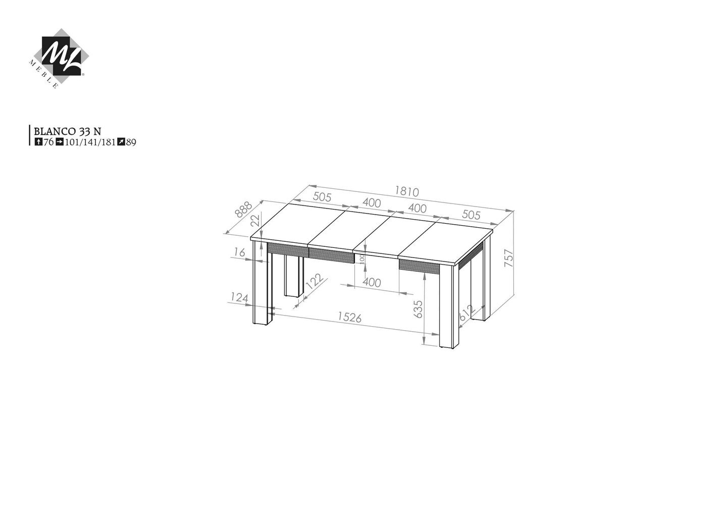 Jatkettava pöytä ML Meble Blanco 3301, valkoinen/harmaa hinta ja tiedot | Ruokapöydät | hobbyhall.fi