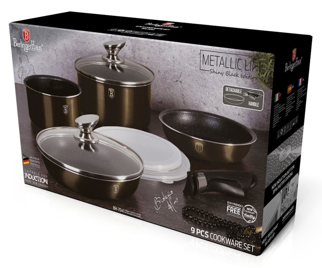 Berlinger Haus Metallic Line Shiny Black Edition paistinpannusetti, 9-osainen hinta ja tiedot | Kattilat ja painekattilat | hobbyhall.fi